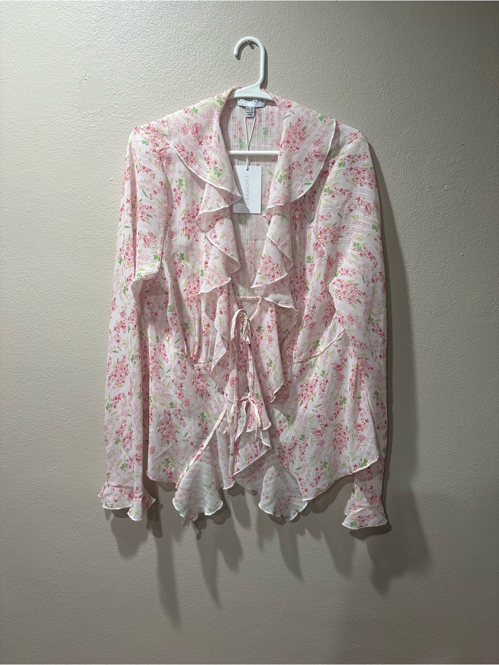 Lucy Paris Pink Floral Ruffle Tie-Front Blouse